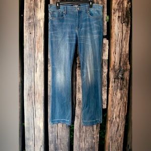 Express bootcut mid rise medium rinse boot cut jean with hem detail